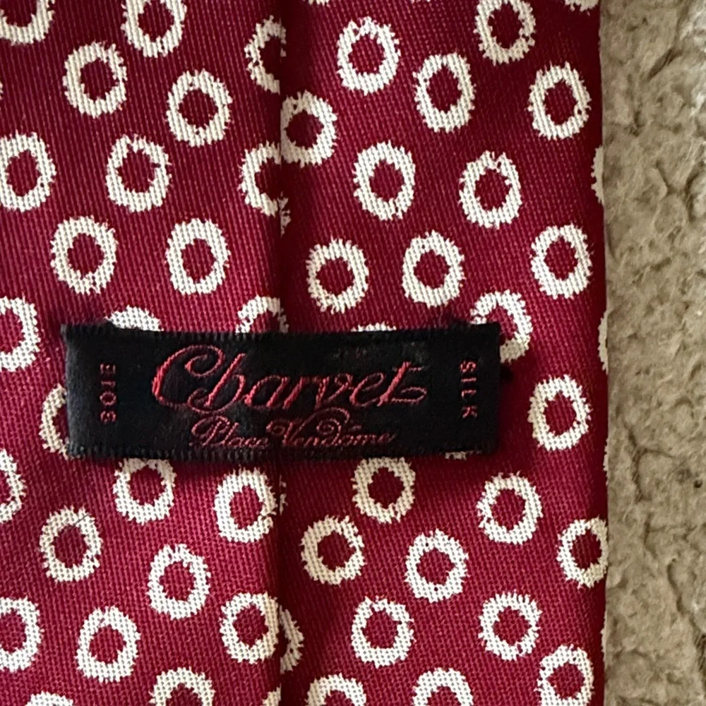 Charvet Burgundy 100% Silk Tie with White Oval Pattern Made in France
